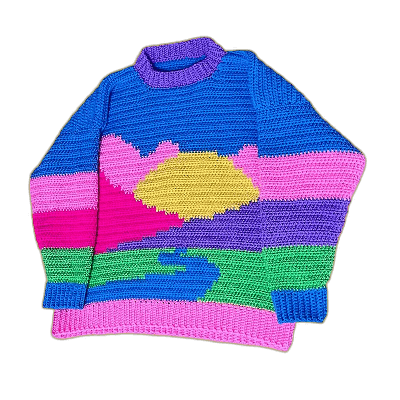 Neon Sunset Landscape Old School Crochet Sweater
