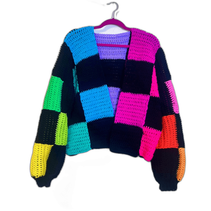 Rainbow Crochet Checkerboard Cardigan with Pockets Made to Order